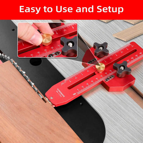 Red Thin Rip Jig Table Saw Guide for Quick Repetitive Narrow Strip Cuts with Anti Kickback Safety on a table saw setup.