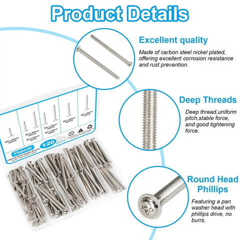 Image showing 120 Piece M4 Cabinet Screws Set With Pan Washer Head For No Fuss Easy Install On Cabinets Drawers Cupboards And Closets Including 25 30 35 40 45 50mm Lengths Heavy Duty Metal Phillips Screws Kit with carbon steel nickel-plated screws, deep threads, and round heads with phillips drive.