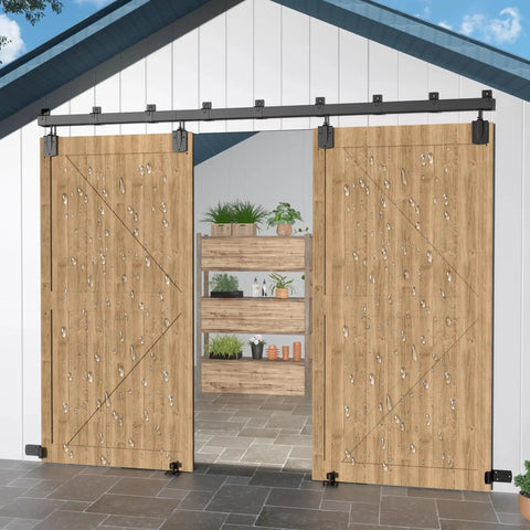 16 Foot Heavy Duty Box Rail Exterior Barn Door Hardware Kit For Two Doors Outdoor Sliding System installed on wooden doors
