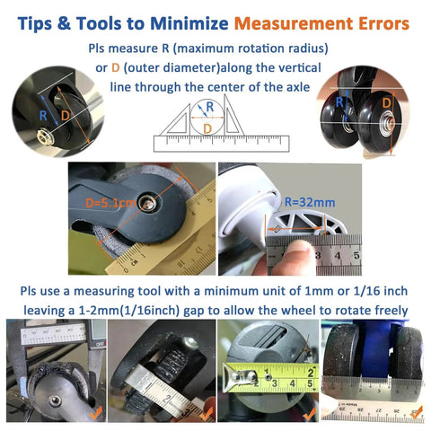 Guide on measuring dimensions for Replacement Luggage Wheels And Hacksaw Kit For Suitcases Four PU Swivel Casters 60mm Diameter
