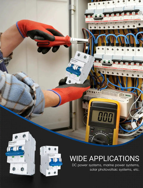 Technician installing DC Small But Mighty Miniature Circuit Breaker 1000V Non Polarity 2 Pole 32A MCB With DIN Rail Mount