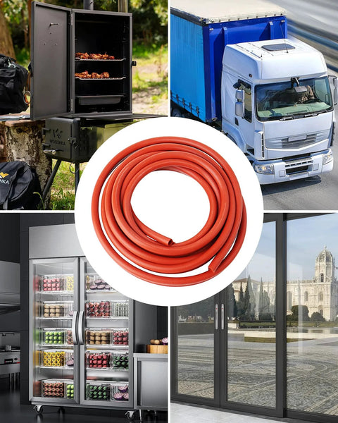 Collage showing Pro Grade 13-Foot Silicone P-Gasket Seal for Smokers and BBQ Doors, various use scenarios and applications.