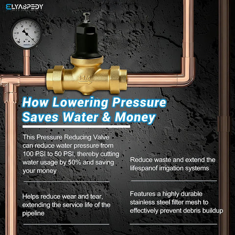 Brass 1-1/4 in pressure reducing valve installed on copper piping with NPT threads; waterproof tape included.