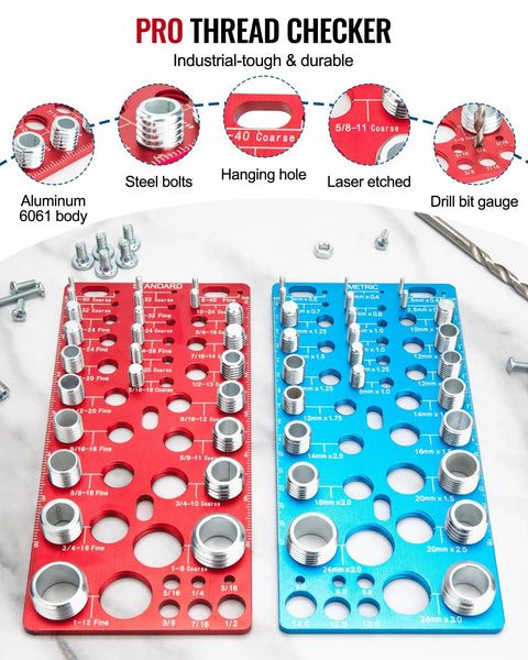 All In One Nut And Bolt Thread Checker Kit With 62 Pieces showing red and blue thread checkers with gauges and drill bit sizes.