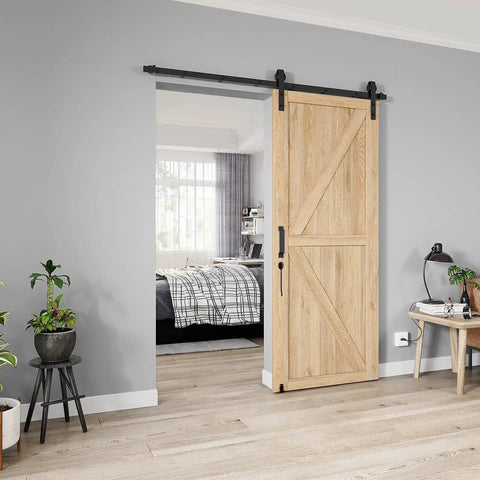 Heavy Duty Sliding Barn Door Hardware Kit 6.6 Ft With Smooth And Quiet Operation installed on wooden door in modern room
