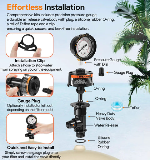 Amazon 98209800 high-flow manual air relief valve with pressure gauge, top-mount for pool and spa filter