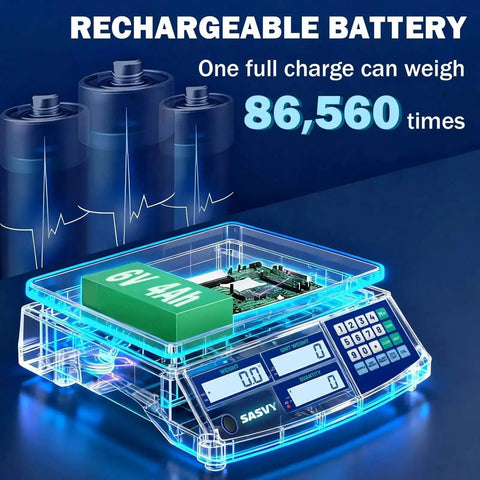 Transparent digital counting scale showing internal battery, 30kg capacity and 0.1g precision for inventory and small parts