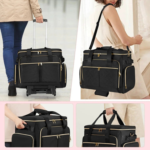 Rolling Teacher Bag With Wheels And Detachable Trolley Black Fits 15.6 Inch Laptop with padded sleeves and elastic pouches