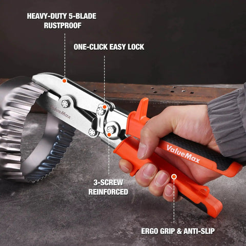 Person using Heavy Duty 5 Blade Hand Crimper For Gutter And Sheet Metal Crimping 22 To 28 Gauge Stainless Steel Ductwork HVAC Downspouts.