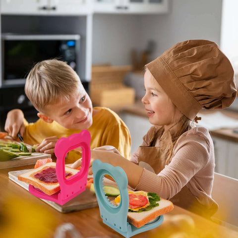 Children using Crustless PB And J Sandwich Maker Sealer Cutter With Double Sided Seal Sharp Stainless Steel Cutter And Bonus Filling Cutter For No Leak Edges Rose Red Square Design.