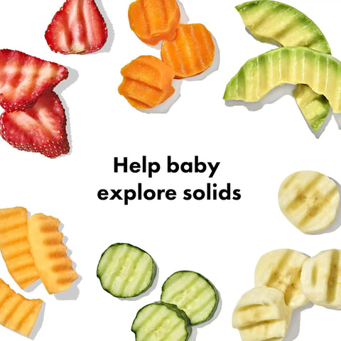 Assorted fruit and vegetable slices cut with Crinkle Cutter For Kids Safe Food Prep And On The Go Mealtime Fun With Easy Grasp Shapes For Babies And Toddlers OXO Tot Crinkle Cutter Great For Little Hands And Picky Eaters Durable Plastic Dishwasher Safe For Easy Cleaning On The Go
