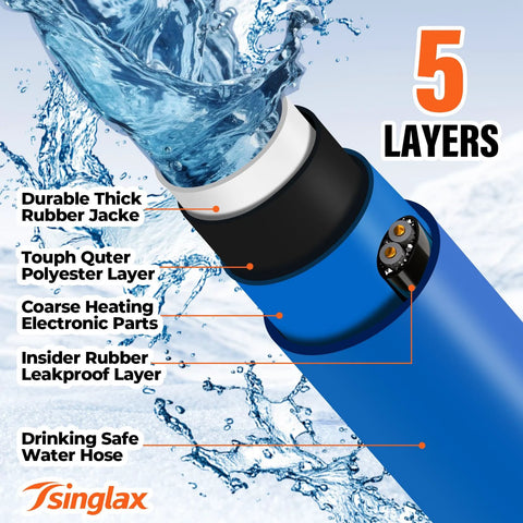 Tsinglax 30FT heated water hose for RV, blue exterior with 5-layer construction and drinking-safe label
