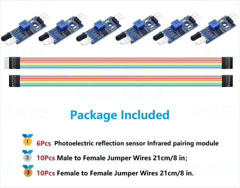 Six Pack IR Infrared Reflective Sensor Module Three Wire Photoelectric For Arduino with jumper wires, package contents shown.