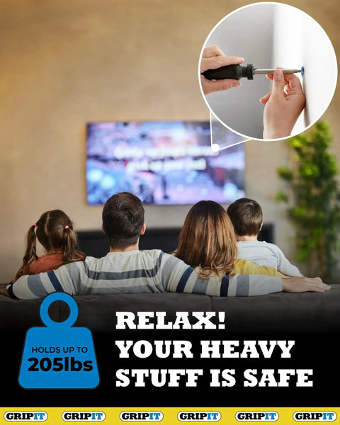 Family watching TV with Heavy Duty Drywall Anchors Pack Of 4 With Screws And 1 Inch Drill Bit Included For Plaster Walls Up To 205 Lbs 93 Kg Reusable Wall Anchors Kit Delivers Ultra Strong Grip And Even Load Distribution For Shelves Mirrors And Decor in action inset image.