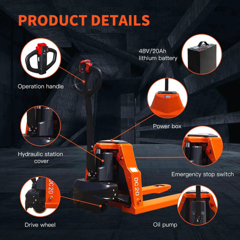 Side view of orange full-electric pallet jack with 48V/20Ah battery and 48x27 in forks.