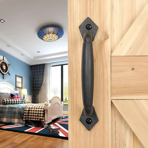 Rustic 8 Inch Heavy Duty Barn Door Pull Handle For DIY Sliding Barn Door Gate Shed Garage Matte Black Round Solid Metal Construction With Craftsman Grade Mounting Hardware Included installed on wooden door