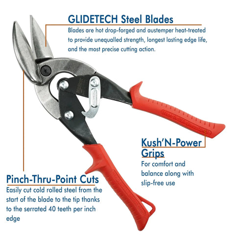 Left And Right Offset Aviation Snips Set For Tight Curves And Long Cuts Pro Grade Tinner Shears With Glidetech Forged Blades Made In The USA Comfortable Grip MWT6510C with red handles and steel blades.