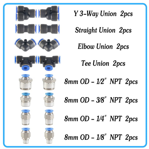 Amazon MSAEIQUN pneumatic tubing kit with blue PU hose, 10 m, 8mm OD, includes 2pc Y, straight, elbow and Tee unions