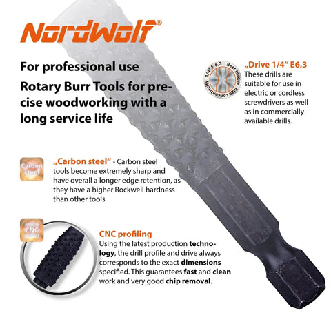 Pro Grade 10-Piece Rotary Burr Wood Carving Rasp Files Set With One Quarter Inch Hex Shank For Wood Deburring, Shaping And Grooving NordWolf High Carbon Steel Construction For Tight, Precise Work.