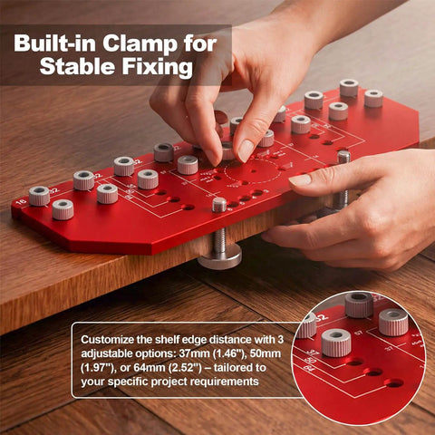 Two In One Shelf Pin And Hinge Drill Jig For One Quarter Inch And Five Millimeter Peg Slots, shown in use with a built-in clamp.