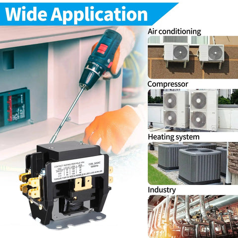 Installation of 24 VAC 2-Pole 40 Amp HVAC contactor for air conditioning systems with silver alloy contacts and copper coil.