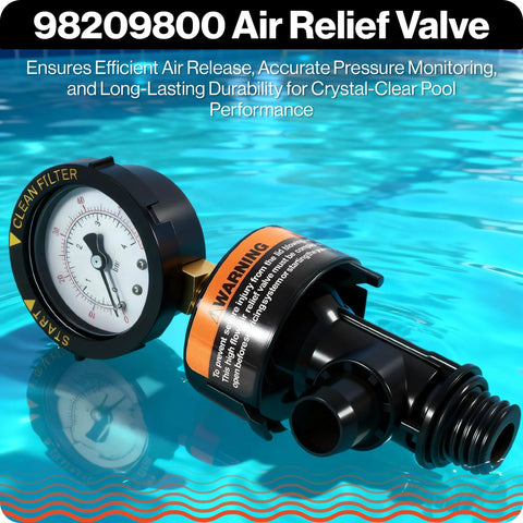 Air relief valve 98209800 for Pentair pool filters, black valve body with gauge and orange warning label