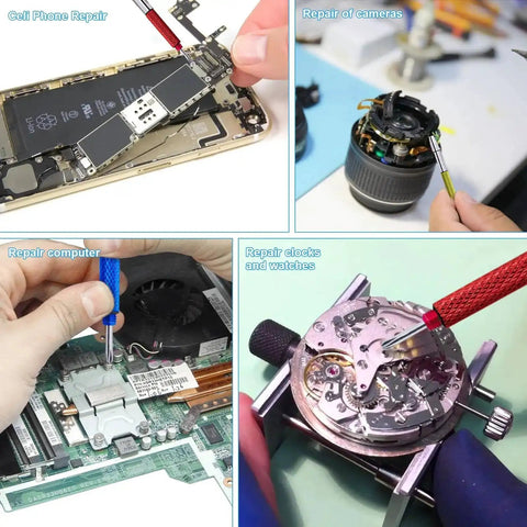 Five Color Mini Eyeglass Screwdriver Set With Non Slip Handles in use for phone, camera, computer, and watch repairs.