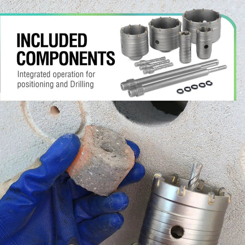 9 Piece Concrete Hole Saw Kit For Rotary Hammer With SDS Plus And SDS Max Shanks Heavy Duty Core Bit Set with components