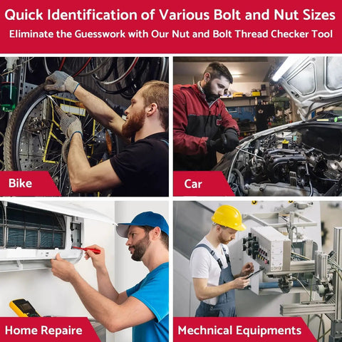 Collage image of Pro Grade Nut And Bolt Thread Checker Kit For Standard And Metric Threads Identifies Bolt And Nut Sizes used in bike, car, home repair, and mechanical equipment settings.