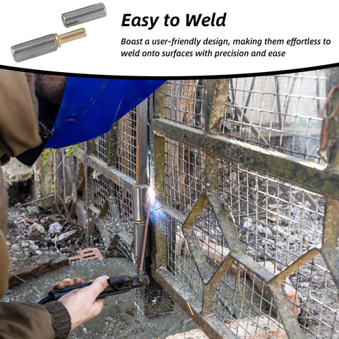 Person welding Tough And Reliable 10-Pack Weld-On Barrel Hinges For Heavy Duty Applications on metal gate outdoors.
