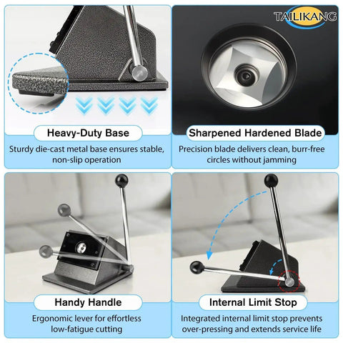 Features of Heavy Duty Manual Lever Circle Punch And Button Cutter, highlighting base stability, sharp blade, handle design, and limit stop.