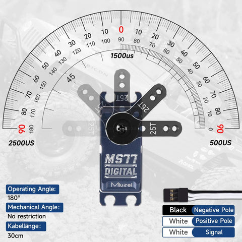 Beefy Brushless High Torque RC Servo Motor with digital stainless steel gears, waterproof, shown with protractor for 180-degree angle demonstration.