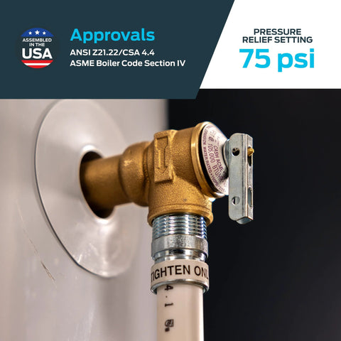 Cash Acme 3/4 in RV FWL-2 pressure relief valve, bronze, 75 psi, installed on pipe