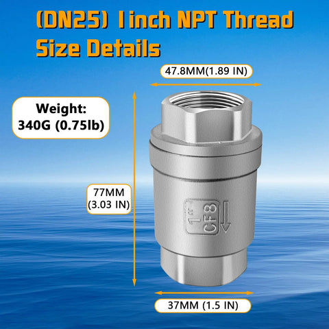 1 in stainless steel inline check valve CF8, NPT threaded, backflow prevention for water systems
