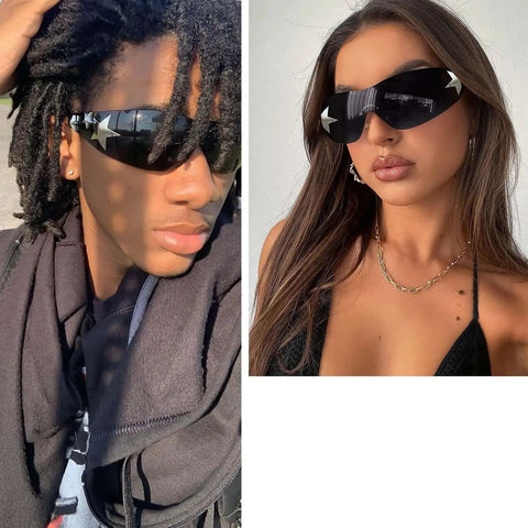 Rimless Y2K Sunglasses With Star Wrap Design UV400 Protection Lightweight PC Frames And Reinforced Hinges in black worn by models