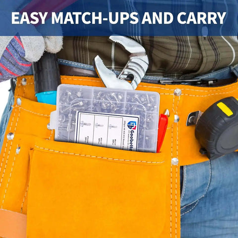 Tool belt with 400 Piece Stainless Steel Self Tapping Screws Kit For Metal And Sheet Metal, shown in pocket for easy access