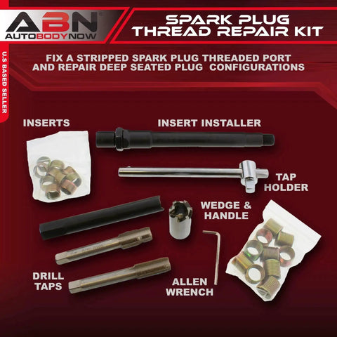 Spark Plug Thread Repair Kit For 14mm Metric Ports With Rethreading Taps Inserts And Reamer Deep Seat Fix No Fuss All In One Tool Set For Easy Car Engine Repairs, showing various tools and parts like taps, inserts, wrench, and reamer.
