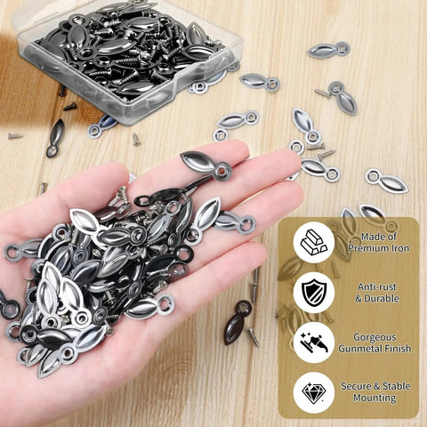 Hand holding gunmetal picture frame turn button fasteners set with 100 backing clips and 100 screws for hanging photos.