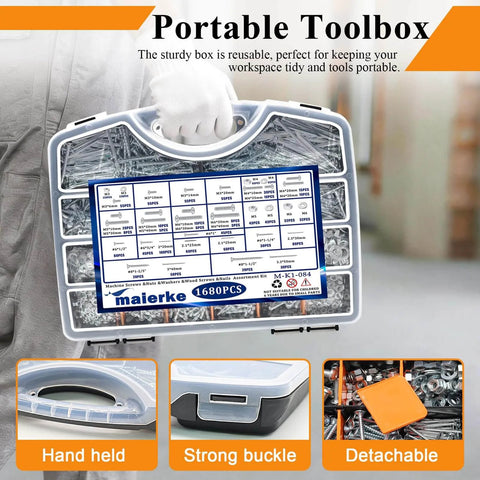 All-In-One 1680-Piece High Hardness Screws, Bolts, Nuts, Nails, And Wood Screws Assortment Kit in storage box