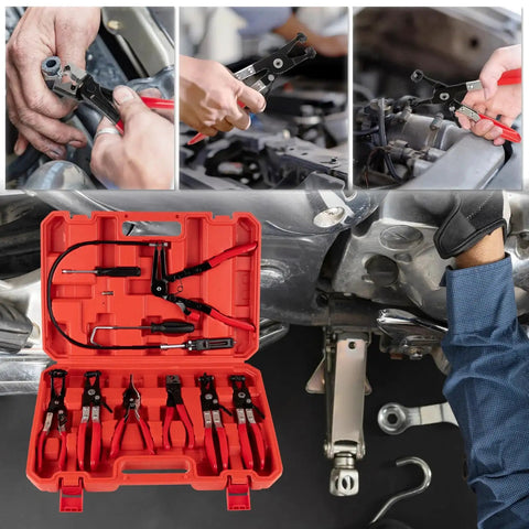 Nine Piece Hose Clamp Pliers Set For Automotive Clamp Removal And Replacement in red case with pliers in use