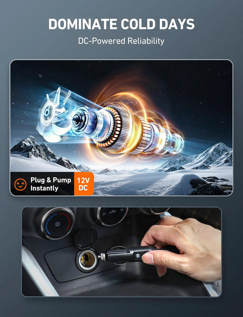 Image of 12V DC Portable Tire Inflator On The Go With Digital Gauge And Emergency LED Light For Cars And Bikes, showing connection in vehicle.