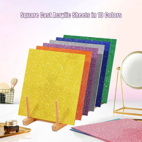 Glitter Cast Acrylic Sheets One Eighth Inch Thick 10 Pack Eight By Eight Inches for Laser Cutting and Engraving, shown upright.