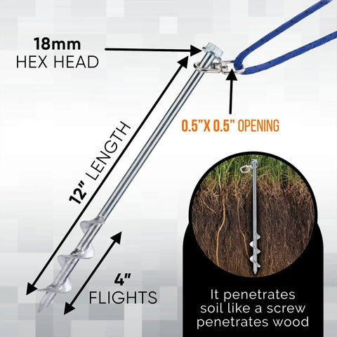 Heavy Duty Steel Screw Ground Anchors Set Of 4, 12 Inch Silver Metal Stake with measurements and installation example in soil
