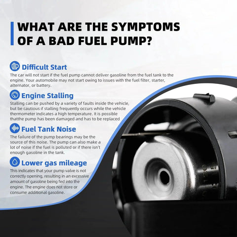 Informational graphic showing symptoms of a bad fuel pump with image of a Honda Pioneer Fuel Pump Replacement.