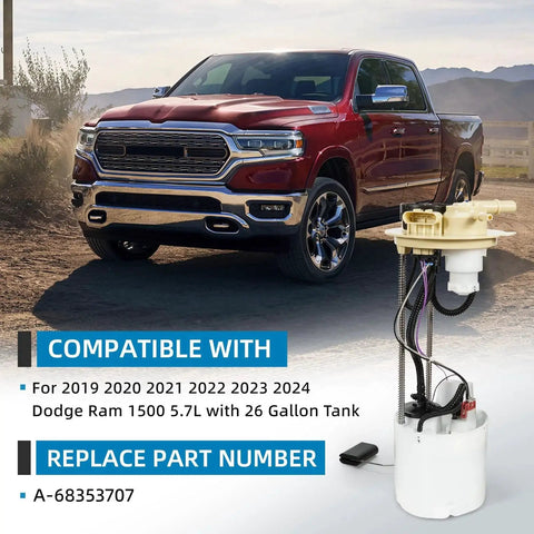 Plug And Play Electric Fuel Pump Module Assembly For 2019 Through 2024 Dodge Ram 1500 5.7L Hemi, Replacement A-68353707, shown with vehicle