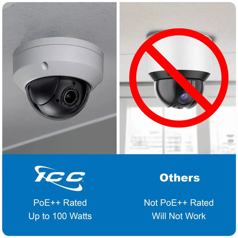 Comparison of PoE++ rated and non-PoE++ rated security cameras mounted on ceiling, highlighting power compatibility differences.