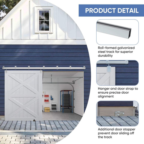 Sliding Barn Door Hardware Kit 10 Ft Heavy Duty Track for indoor and outdoor doors wall mount silver built to last weather resistant galvanized steel track with floor guide and adjustable rollers for smooth operation installed view