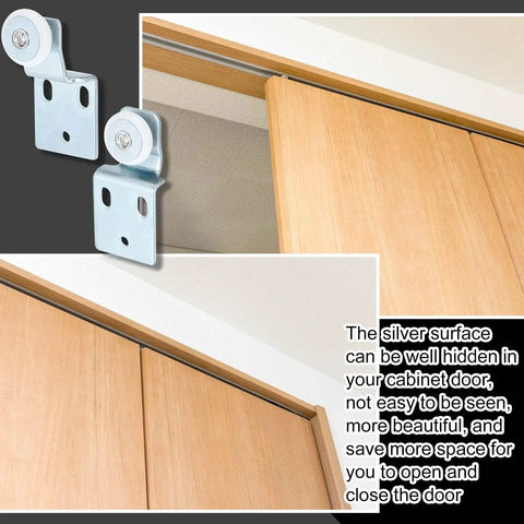 Eight Pack Sliding Closet Door Roller Kit With Screws For Top Hung Bypass Wardrobe Doors Includes Four No 1 Rollers And Four No 2 Rollers Twenty Four Mounting Screws One Half Inch And Three Eighth Inch Offset Rollers Easy Installation Hardware shown with wooden sliding doors
