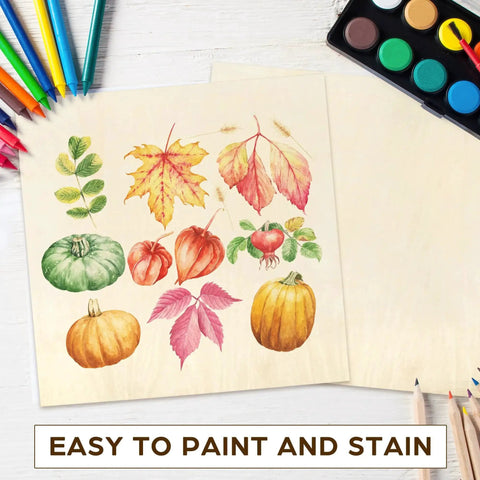 Craft Basswood Sheets For DIY Projects 12 Pack 11.8 By 11.8 Inches Thick One Sixteenth Inch Smooth Plywood Sheets with painted leaves and pumpkins