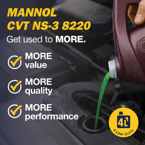 NS3 Synthetic CVT Transmission Fluid for Nissan And Mitsubishi CVTs 4L Bottle being poured into engine with benefits listed